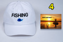 Load image into Gallery viewer, Birthday Fishing gift a Baseball Cap low cost with Fish image + card FREE shipping