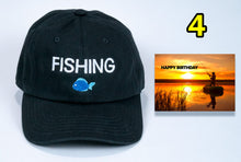 Load image into Gallery viewer, Birthday Fishing gift a Baseball Cap low cost with Fish image  + card FREE shipping
